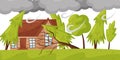 Strong wind breaks trees. Living house and huge gray clouds. Natural disaster. Windstorm theme. Flat vector design Royalty Free Stock Photo