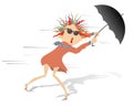 Strong wind and woman with umbrella illustration
