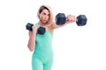 Strong woman punching with barbells in hands during boxing class Royalty Free Stock Photo