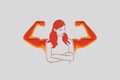 Strong women with arm muscles. Feminism, girl power, International Women`s Day concept. Paper cut Vector illustration