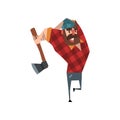 Strong woodcutter swinging an ax. Bearded lumberjack. Cartoon man character in red plaid shirt blue jeans and hat