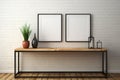 Strong wooden table, vase, candlesticks and two empty frames for poster mockup. Generative AI