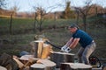 Strong woodman splitting logs