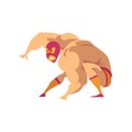 Strong wrestler in landing powerful action. Mixed martial artist. Cartoon fighter character in red-orange mask, shorts