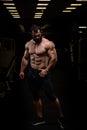 Strong young athlete bearded male with perfect athletic physique body in dark hight sport gym posing like super hero Royalty Free Stock Photo