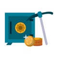 Strongbox and cryptocurrency coins with mining pick Vector illustration