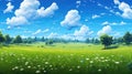 a stronger colored anime landscape artwork showing a field with flowers and a sky with clouds