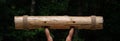 Strongest man in the world competition. Muscular hands lifting up heavy wooden trunk. Giant, mighty man lifting wood log at Royalty Free Stock Photo