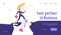 Strongest will Survive Concept Website Landing Page. Business Man with Umbrella Running over Abyss by Head of Colleague