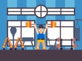 Strongman lifting barbell in gym, vector illustration. Simple flat style scene, heavy weight workout. Cartoon character