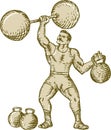 Strongman Lifting Barbell Kettlebell Etching Royalty Free Stock Photo