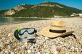 A strow hat, a swim mask and tube for diving under water Royalty Free Stock Photo