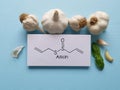 Structural chemical formula of allicin molecule with raw garlic. Health benefits of garlic, medical concept Royalty Free Stock Photo