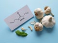 Structural chemical formula of allicin molecule with raw garlic. Health benefits of garlic, medical concept Royalty Free Stock Photo