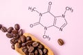 Structural chemical formula of caffeine molecule with roasted coffee beans Royalty Free Stock Photo