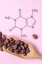 Structural chemical formula of caffeine molecule with roasted coffee beans Royalty Free Stock Photo