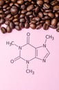 Structural chemical formula of caffeine molecule with roasted coffee beans Royalty Free Stock Photo