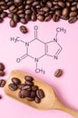 Structural chemical formula of caffeine molecule with roasted coffee beans Royalty Free Stock Photo
