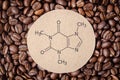 Structural chemical formula of caffeine molecule with roasted coffee beans Royalty Free Stock Photo