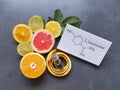 Limonene essential oil with structural chemical formula of limonene. Citrus fruit lime, lemon, grapefruit, orange, spa concept Royalty Free Stock Photo