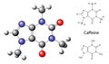 Structural chemical formula and model of caffeine molecule. Vector