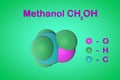 Structural chemical formula and model of methanol methyl alcohol molecule . Atoms are represented as spheres with