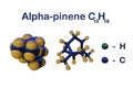 Structural chemical formula and molecular model of alpha-pinene, an organic compound of the terpene class, one of two Royalty Free Stock Photo