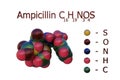 Structural chemical formula and molecular model of ampicillin, a broad-spectrum, semi-synthetic antibiotic used to treat