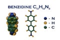 Structural chemical formula and molecular model of benzidine, a biphenyl amine, an aromaric amine, a bladder carcinogen Royalty Free Stock Photo