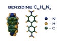 Structural chemical formula and molecular model of benzidine, a biphenyl amine, an aromaric amine, a bladder carcinogen