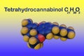 Structural chemical formula and molecular model of dronabinol or tetrahydrocannabinol. Scientific background. 3d Royalty Free Stock Photo