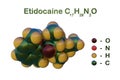 Structural chemical formula and molecular model of etidocaine, a local anaesthetic given by injection during surgical