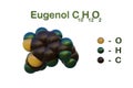 Structural chemical formula and molecular model of eugenol used in perfumes, flavorings and essential oils. It is also