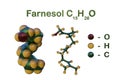 Structural chemical formula and molecular model of farnesol, a flavor and perfume ingredient found in nature and