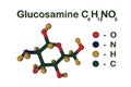 Structural chemical formula and molecular model of glucosamine. Glucosamine is used as a treatment for osteoarthitis