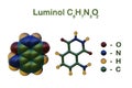 Structural chemical formula and molecular model of luminol, an organic compound that emits light when oxidized. This