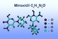 Structural chemical formula and molecular model of minoxidil, an antihypertensive vasodilator medication. It is used to