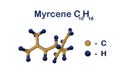 Structural chemical formula and molecular model of myrcene, the most abundant terpene in modern commercial cannabis