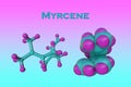 Structural chemical formula and molecular model of myrcene, the most abundant terpene in modern commercial cannabis. 3d