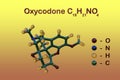 Structural chemical formula and molecular model of oxycodone, a semi-synthetic, morphine-like opioid used to help