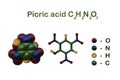 Structural chemical formula and molecular model of picric acid, a yellow solid that used as antiseptic, in explosives