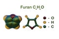 Structural chemical formula and molecular models of furan, a highly toxic organic chemical compaund. 3d illustration