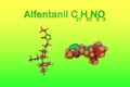 Structural chemical formula and molecular structure of alfentanil. It is a synthetic opioid analgesic drug, used for