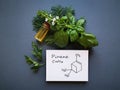 Structural chemical formula of pinene with essential oil and fresh herbs