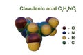 Structural chemical formula and space-filling molecular model of clavulanic acid, an inhibitor of beta-lactamase. 3d