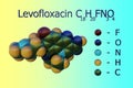 Structural chemical formula and space-filling molecular model of levofloxacin, a synthetic antibacterial agent of the