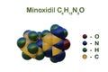 Structural chemical formula and space-filling molecular model of minoxidil, an antihypertensive vasodilator medication