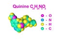Structural chemical formula and space-filling molecular model of quinine. It is a medication used to treat malaria and