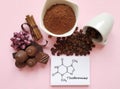 Structural chemical formula of theobromine molecule. Cocoa powder, chocolate, coffee