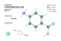 Structural chemical molecular formula and model of 4-Aminobenzoic acid. Atoms are represented as spheres with color coding